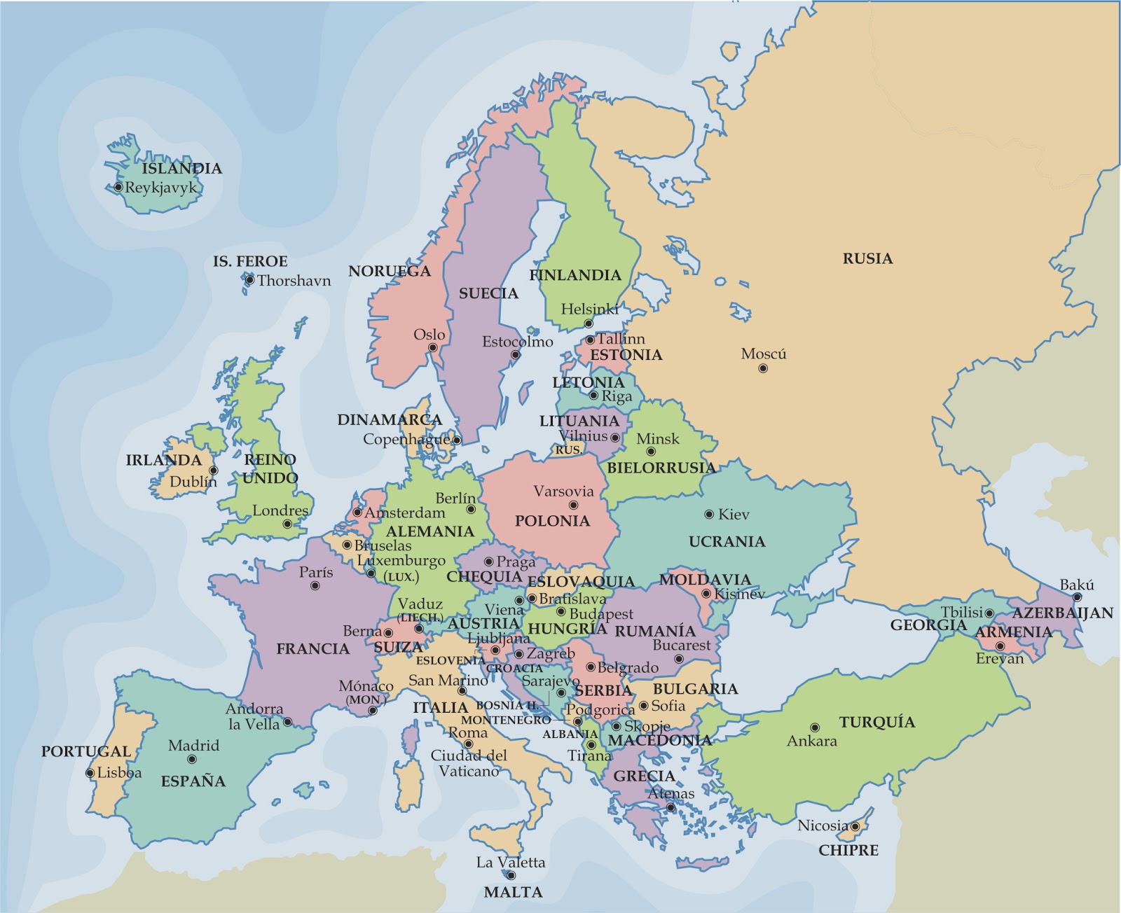 Mapa de Europa con sus países y capitales