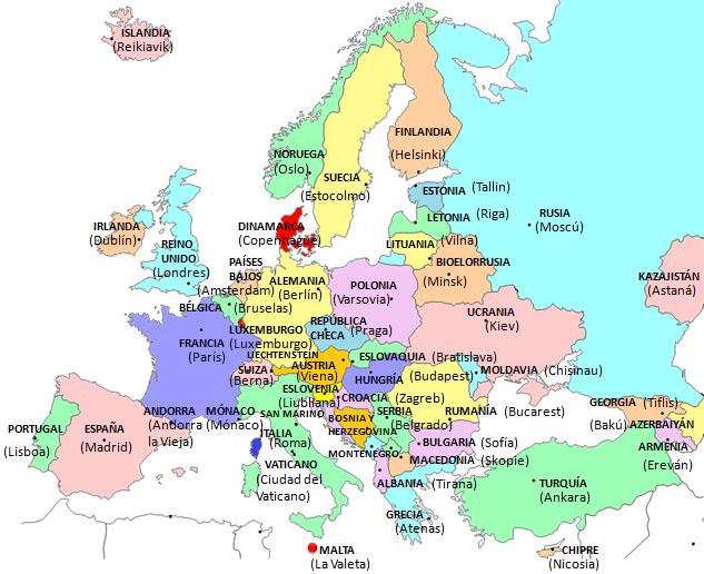 Mapa de Europa con sus países y capitales